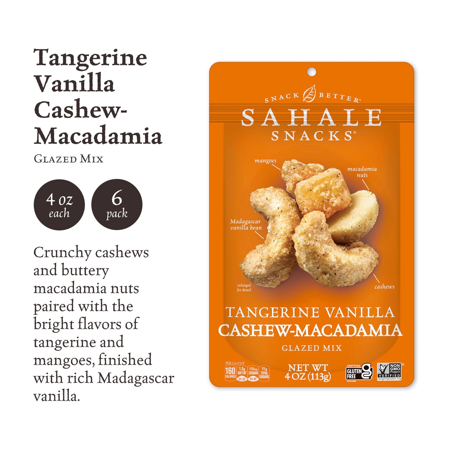 Sahale Snacks Tangerine Vanilla Cashew Macadamia Glazed Mix, 4 Ounce (Pack of 6)