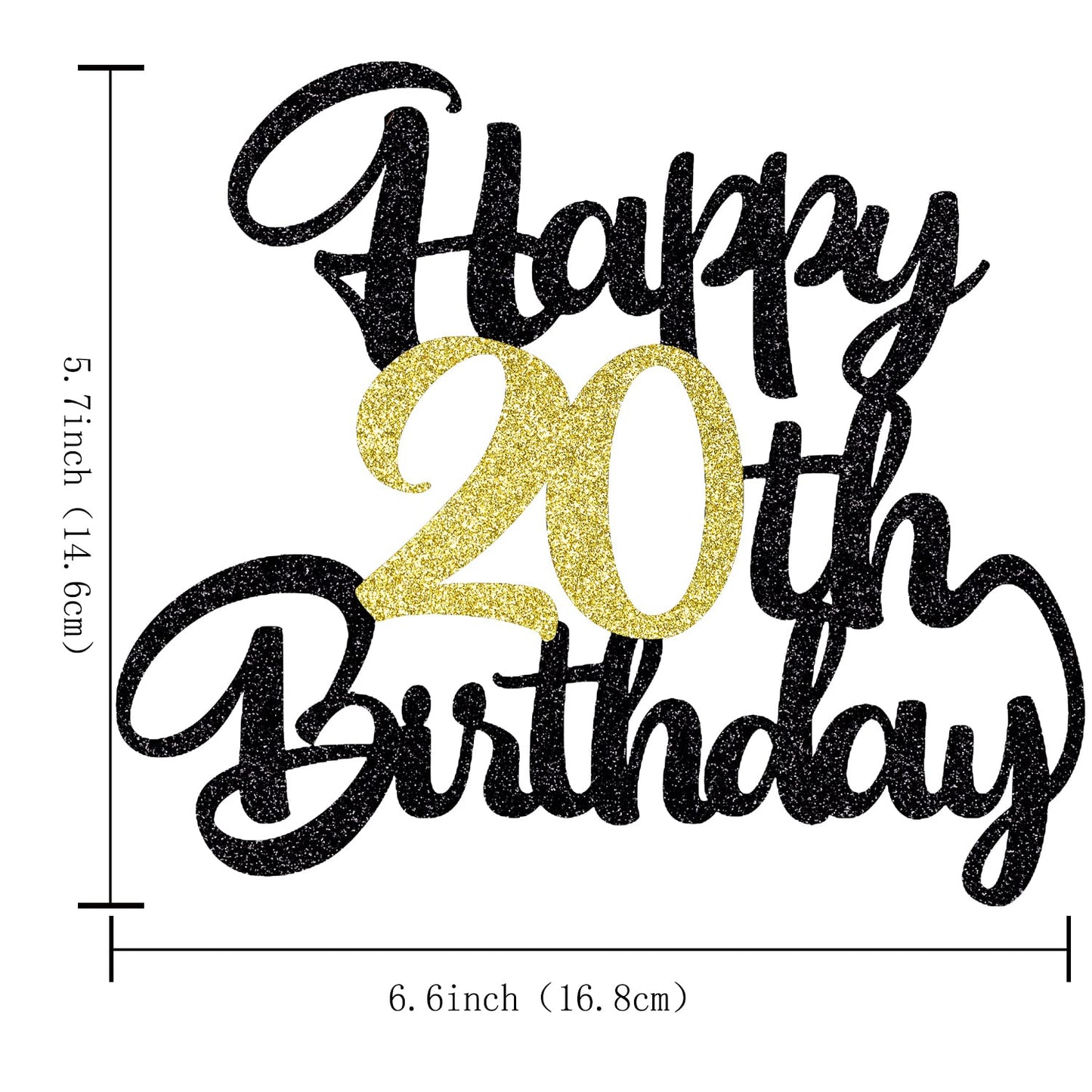 Klionjor Happy Birthday Cake Topper - Black Gold Glitter, Cardboard, 20th Birthday Decoration