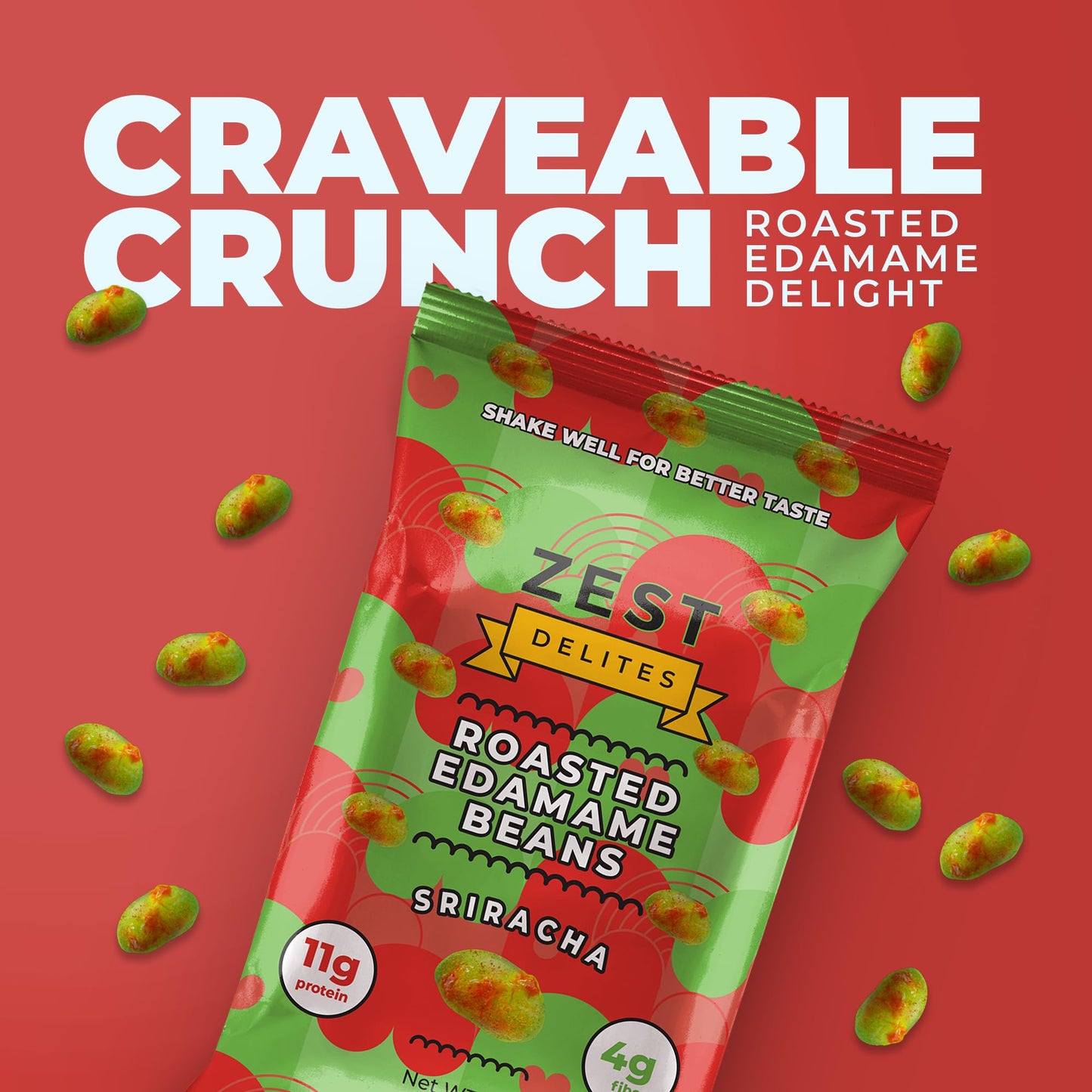 Crunchy Dry Roasted Edamame Beans Snack By Zest Delites, Sriracha, Vegan, Low Calorie (110Cal) High Protein Snacks (11G), Low Ca