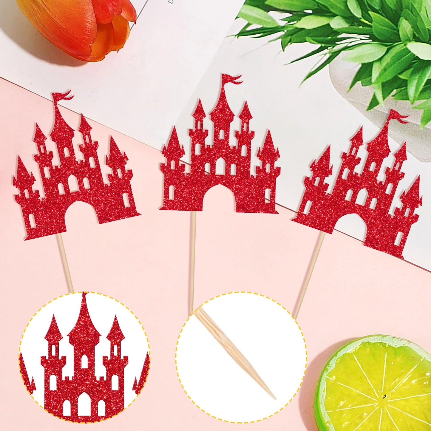 ZHUOWEISM 24 PCS Princess Castle Cupcake Toppers Glitter Red Birthday Party Decorations for Girls Baby Shower