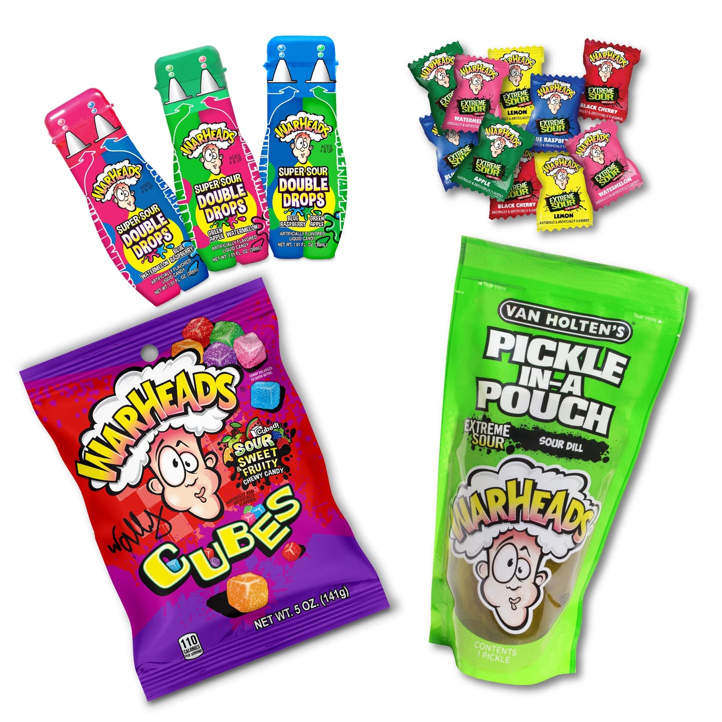 Van Holten's Pickle Kit - WARHEADS Jumbo Sour Dill Pickle-In-A-Pouch with WARHEADS Cubes 5 oz Peg Bag, WARHEADS Double Drops, an