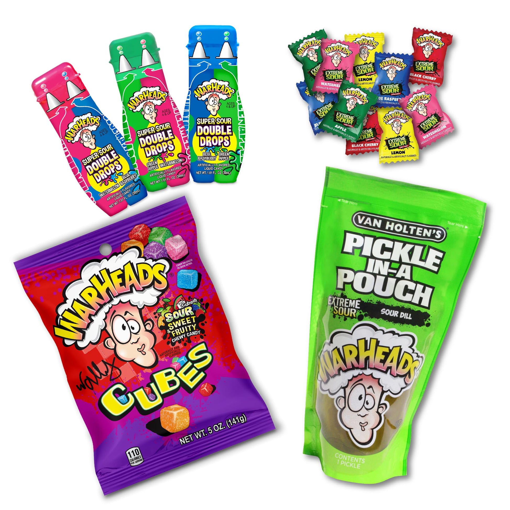 Van Holten's Pickle Kit - WARHEADS Jumbo Sour Dill Pickle-In-A-Pouch with WARHEADS Cubes 5 oz Peg Bag, WARHEADS Double Drops, an