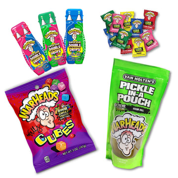 Van Holten's Pickle Kit - WARHEADS Jumbo Sour Dill Pickle-In-A-Pouch with WARHEADS Cubes 5 oz Peg Bag, WARHEADS Double Drops, an