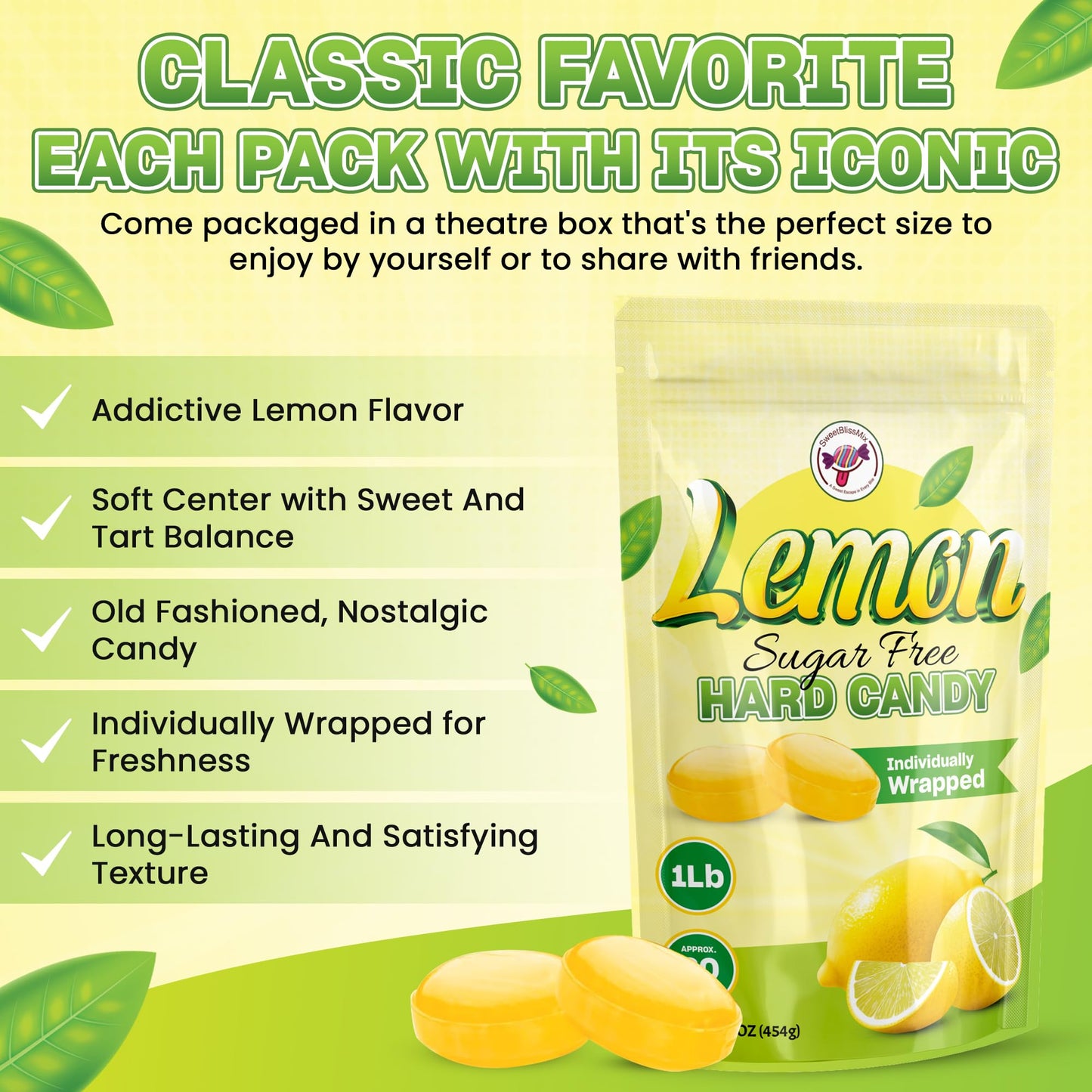 SweetBlissMix Sugar-Free Lemon Drops – Keto-Friendly, Diabetic Safe, 1lb Individually Wrapped Citrus Hard Candy