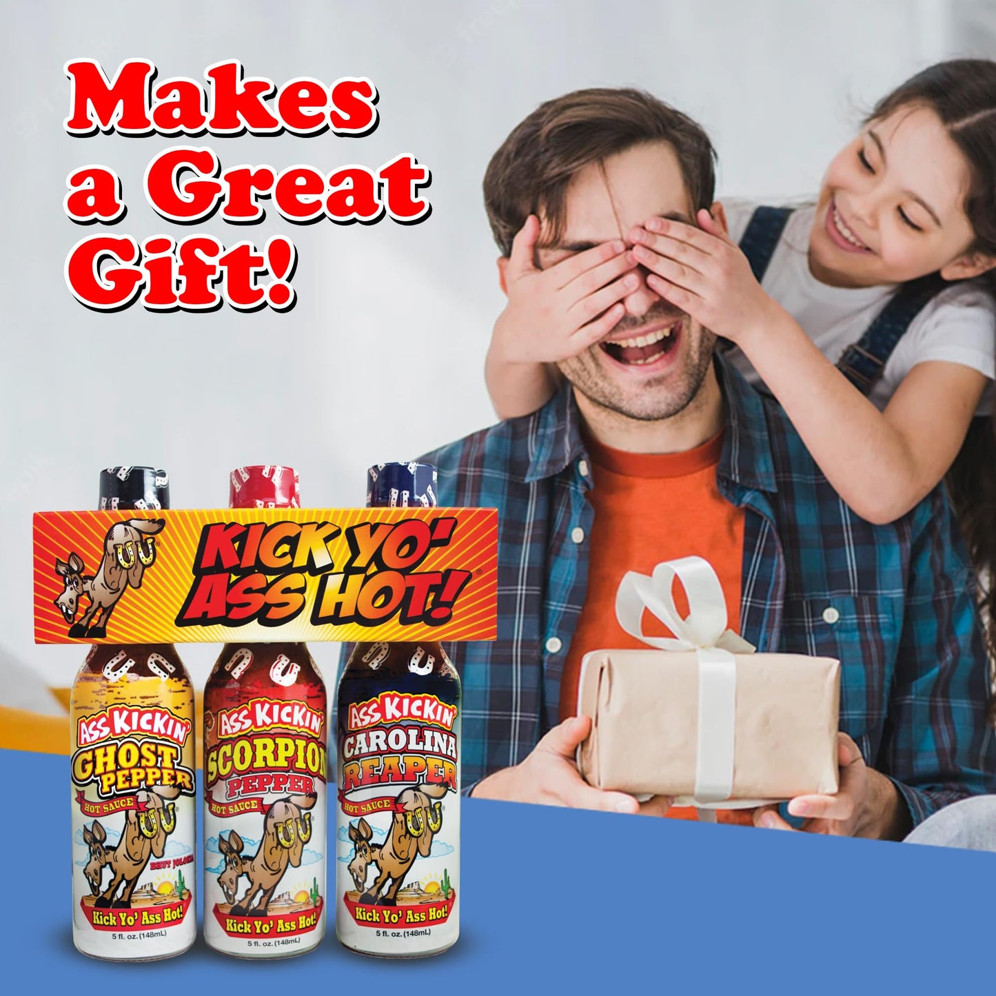 ASS KICKIN Hot Sauce Gift Set - Ghost Pepper, Scorpion, Carolina Reaper - 5 Fl Oz (Pack of 3) - Perfect for Hot Sauce Lovers