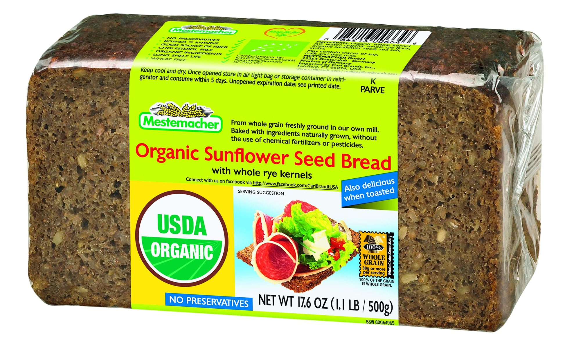 Mestemacher Bread Organic Sunflower Seed, 17.6-Ounce (Pack of 4), 70.4 Ounce