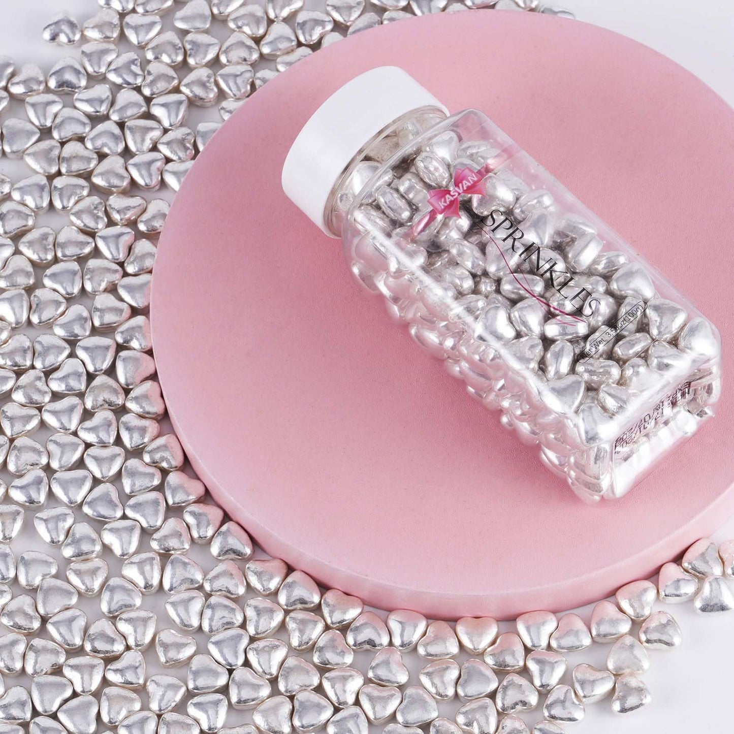 Kasvan Silver Heart Shapes Sprinkles - Edible Candy Pearls 100G/3.58 Oz, Mix Size, Baking Cake Decorations, Ice Cream Toppings A