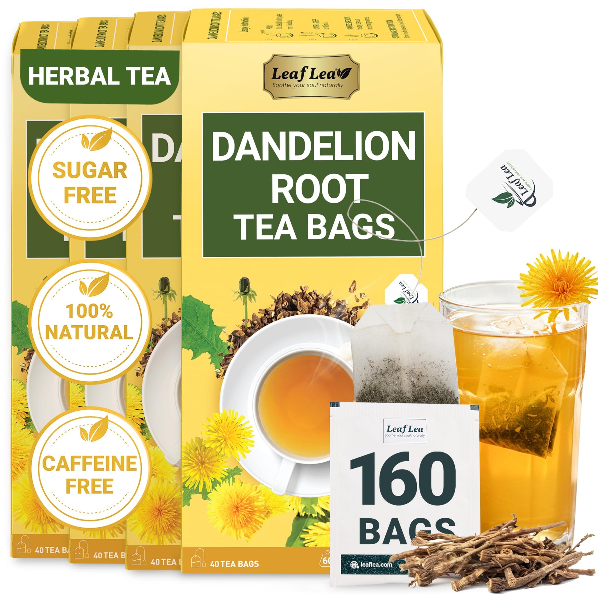 LeafLea Dandelion Root Tea Bags, Herbal Tea, 160 Bags, Caffeine-Free, Vegan, Gluten-Free, 4 Pack