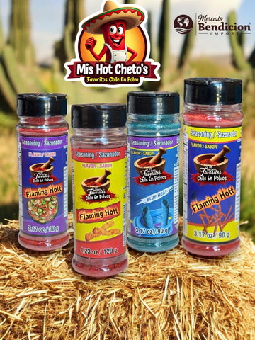 Flaming Hot Flavored Chili Powder Pack Of 4 Hot Flaming (4 Pack, Tost Hot, Flamin,Takiblu,Takihot)