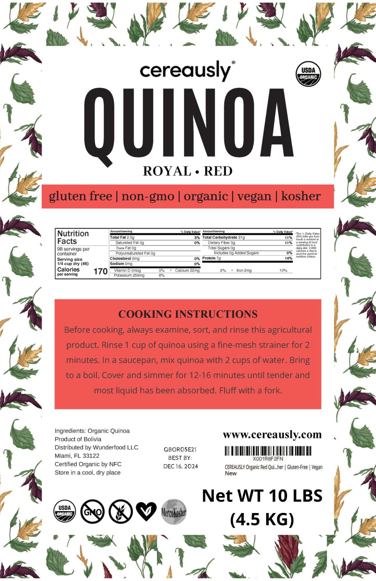 Cereausly Organic Red Quinoa Bulk – Vegan, Gluten-Free, Kosher – 10 LB