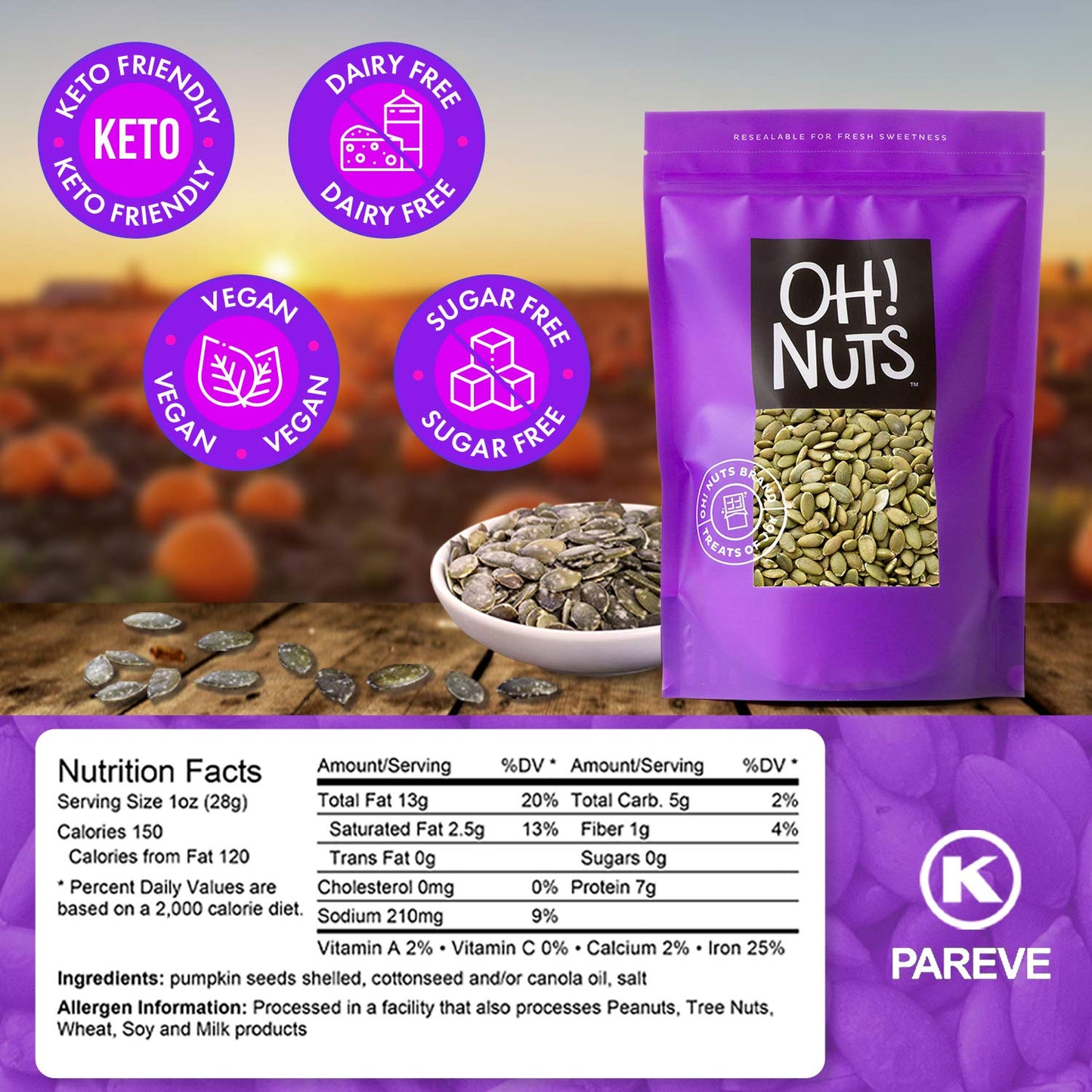 Pumpkin Seeds | Roasted Salted | 3 lb | No Shell Pepitas | Packed in New York Zip-Seal Bag for Exceptional Freshness by Oh Nuts