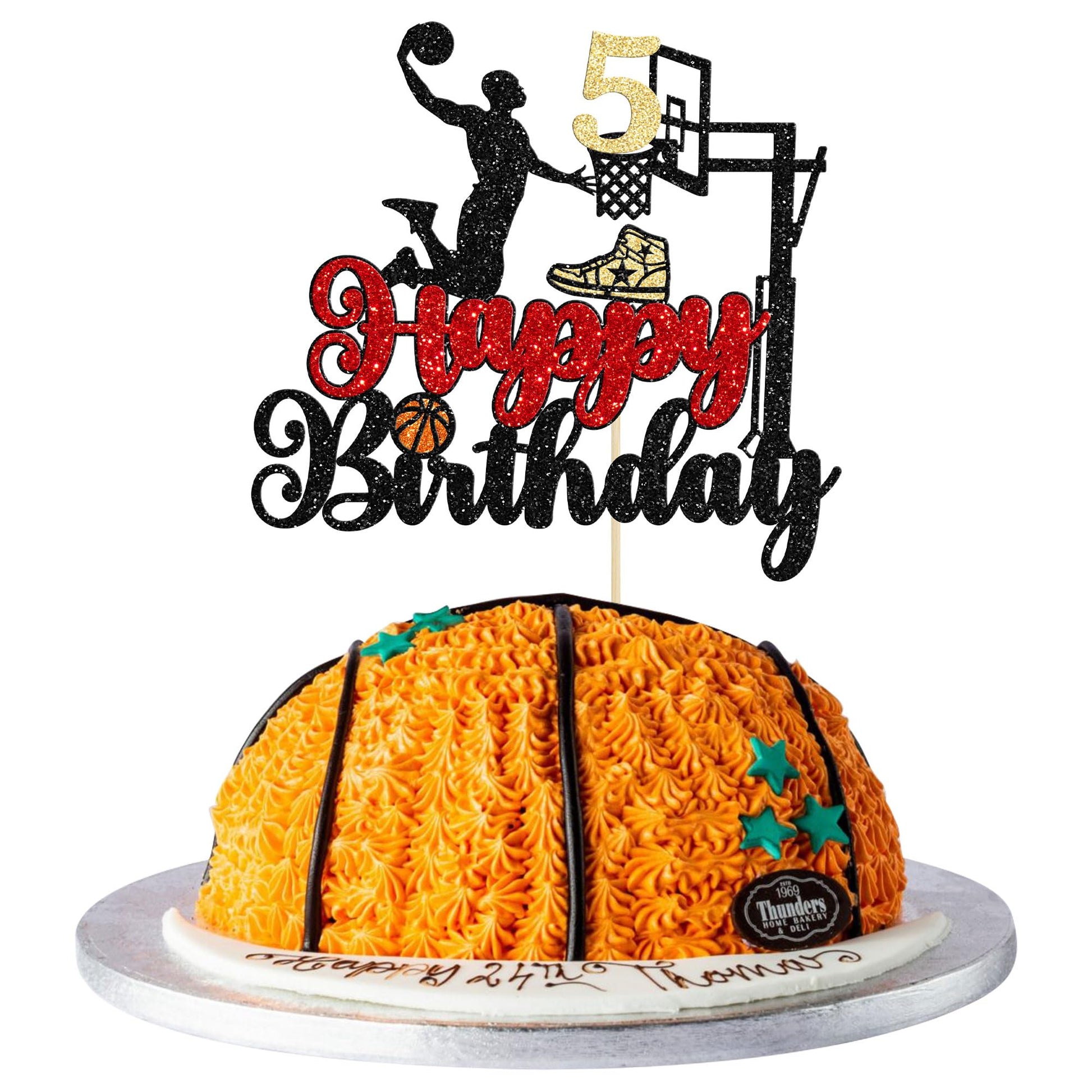 1Pc 5Th Birthday Basketball Cake Topper Glitter Basketball Sports Theme Cake Pick For Baby Shower 5Th Birthday Cake Decorations