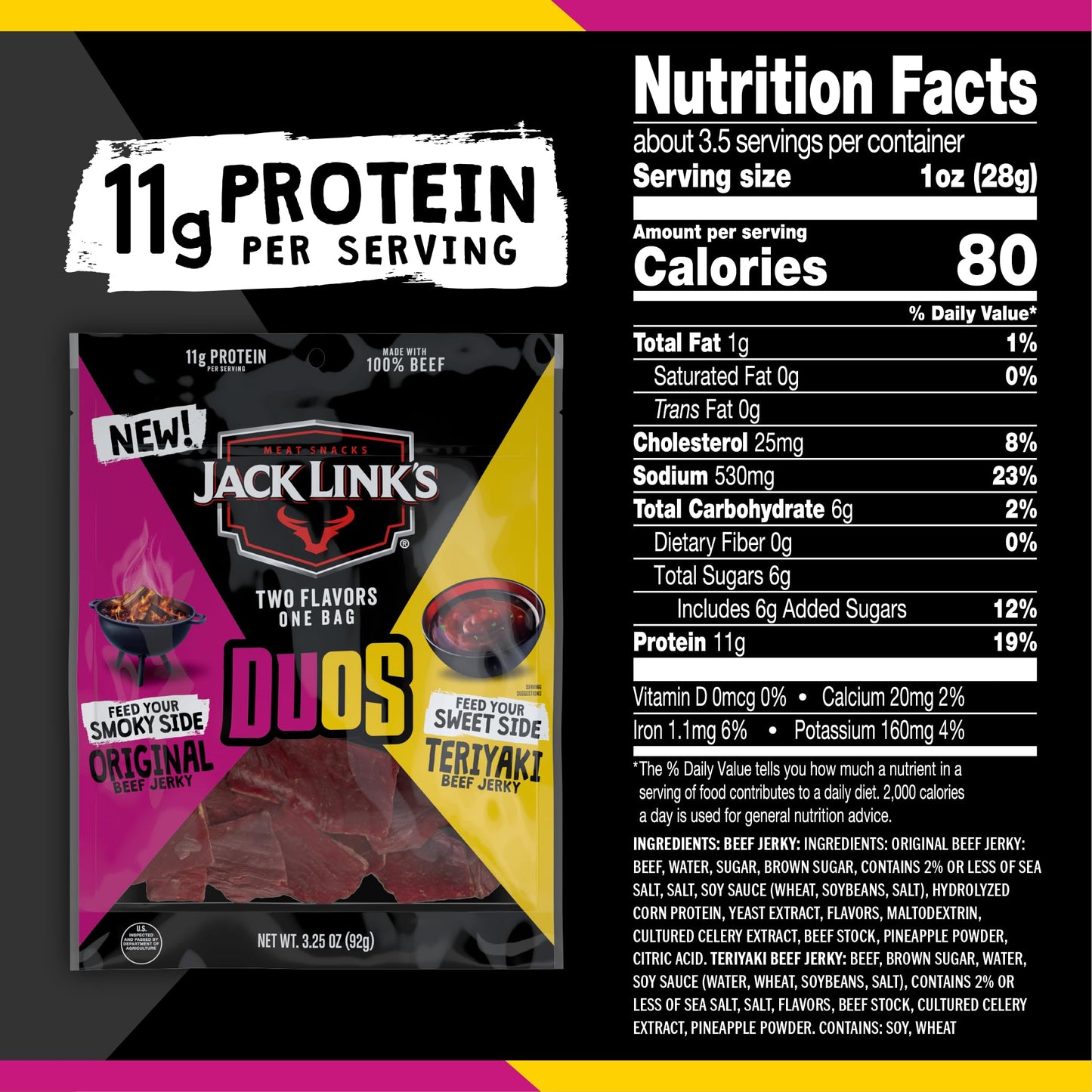 Jack Link'S Duos Original And Teriyaki Beef Jerky, Shareable Under 100 Calories Snack Packs With 11G Of Protein, Feed Your Beast