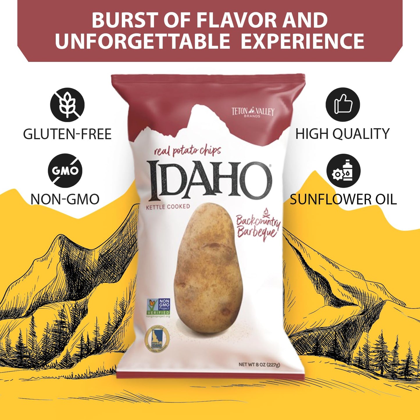 Teton Valley Brands Idaho Kettle Cooked Backcountry Barbecue Potato Chips - Snack Chips - Non-Gmo - Kettle Cooked - Idaho Potato