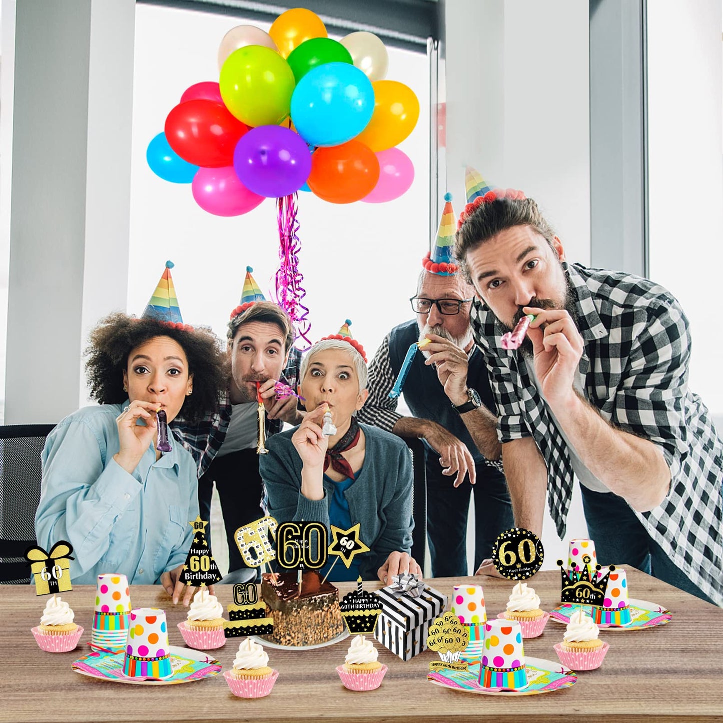 48Pcs 60Th Birthday Cupcake Toppers Decorations For Men Women, Gold 60 Birthday Cake Topper Party Supplies, Happy Sixty Birthday