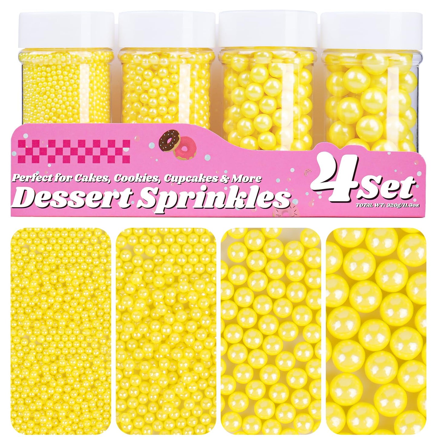 Yellow Pearl Sprinkles for Cake Decorating, 11.3 Oz Edible Pearls Sugar Large Capacity 4 Jars Set for Baking Cookie Ice Cream Cu