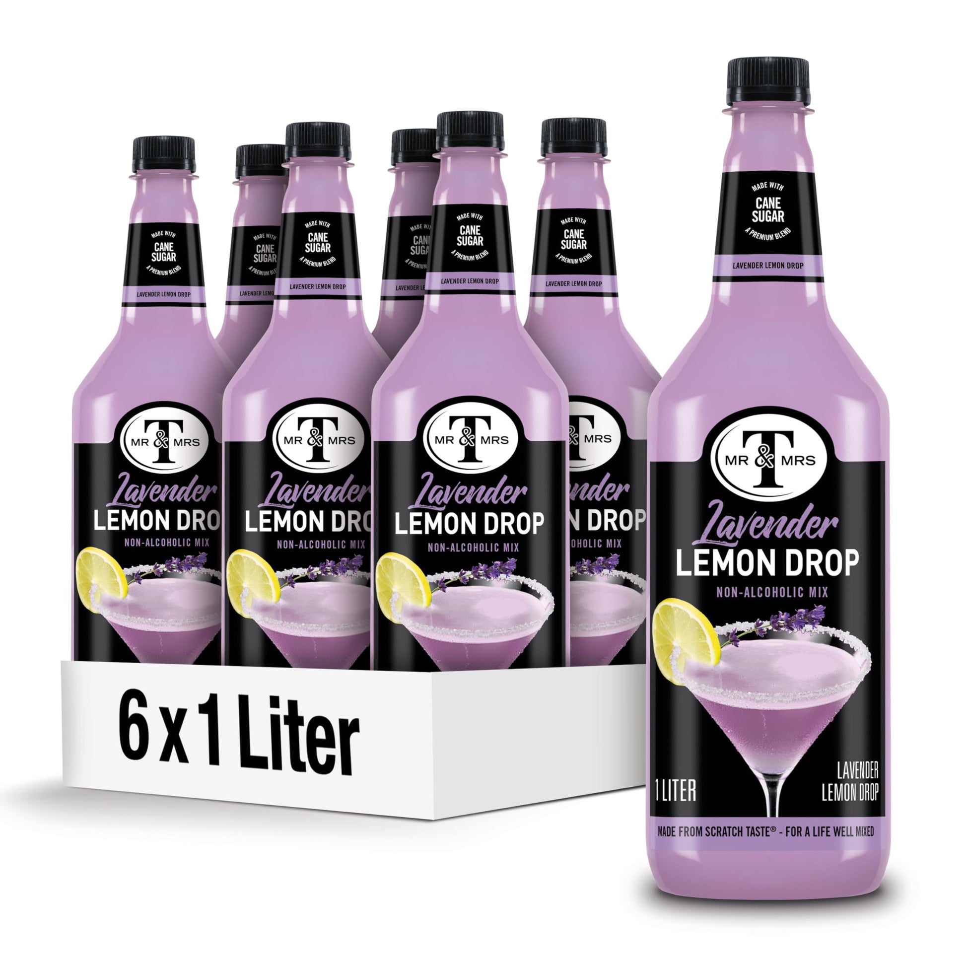 Mr & Mrs T Cocktail Mixer, Lavender Lemon Drop, 1 L Bottle, Pack of 6, Sweet Flavor, Made with Cane Sugar
