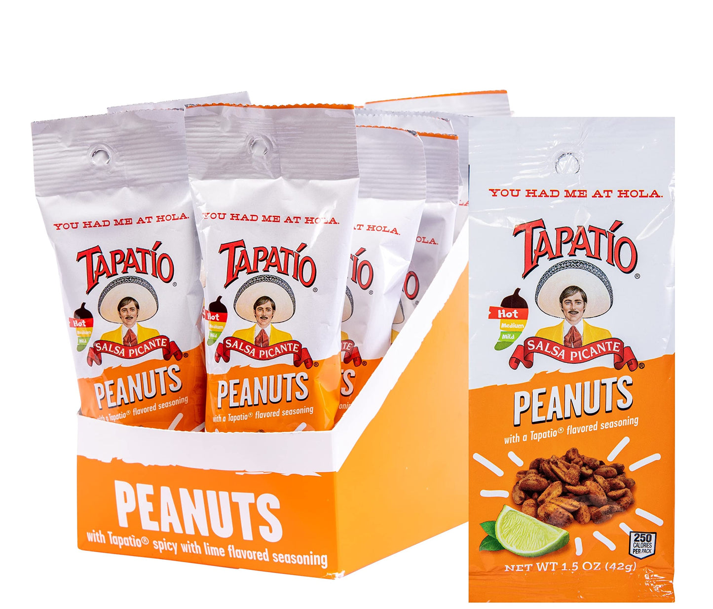 Straight Up Nuts Tapatio Spicy Nuts, Hot Peanuts with Lime, 2.5 Oz Bags, Pack of 12