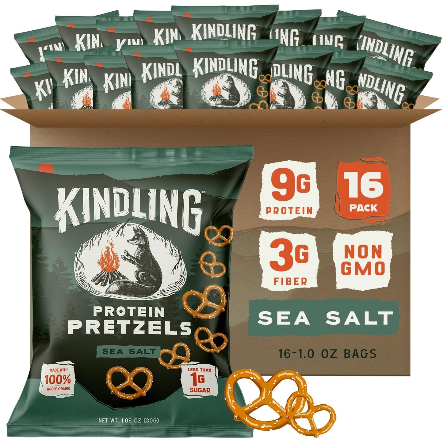 Kindling Protein Pretzels - Sea Salt | Protein-Packed Snack Size Bags | Kosher | 8-9g Protein Per Serving | No Artificial Flavor
