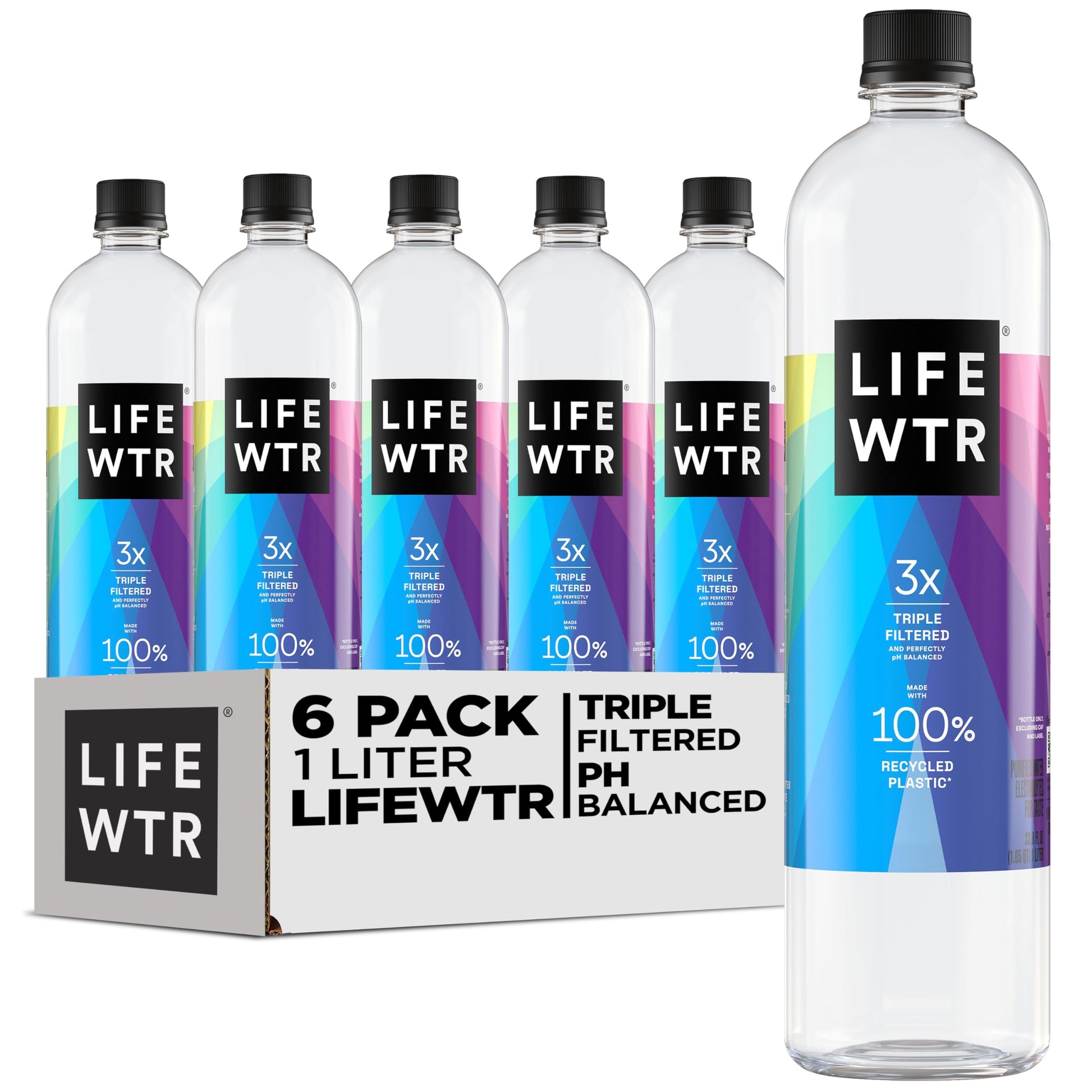 LIFEWTR Premium Purified Water, pH Balanced, Electrolytes, 33.8 Fl Oz, 1L, Pack of 6