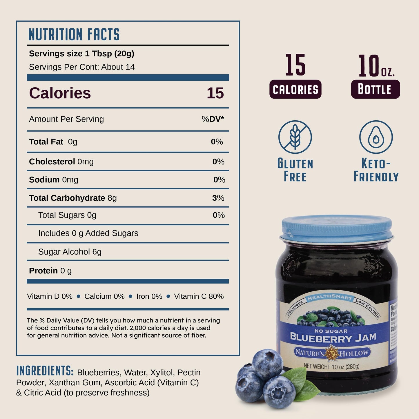 Nature'S Hollow Blueberry Jam: Sugar Free Jam And Preserves, Low Cal, Non Gmo, Keto Jam, Vegan, Gluten Free, And Diabetic Friend