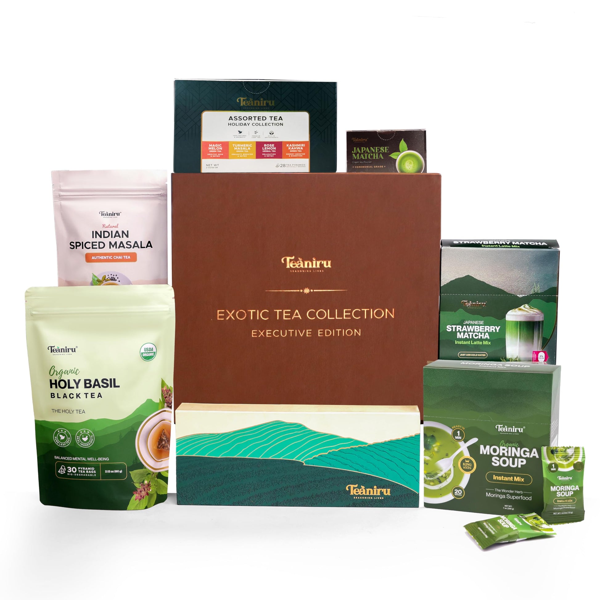 Teaniru, Exotic Collection-Christmas Gift Box | Holiday Flavored Teas, Moringa Soup, Strawberry Matcha Latte, Spiced Masala Chai