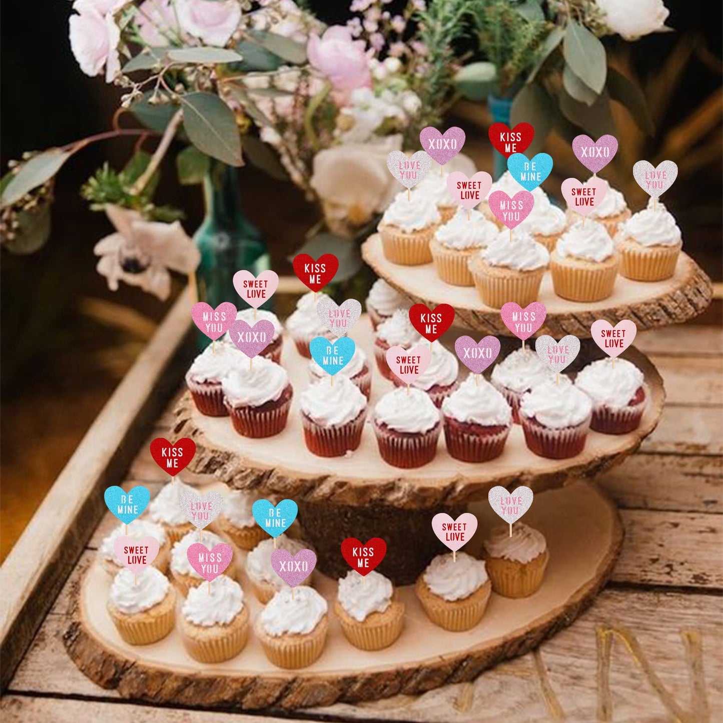 24 Pcs Valentine'S Day Heart Cupcake Toppers Glitter Double Layers Xoxo Sweet Love Be Mine Kiss Me Miss You Cupcake Picks Decora