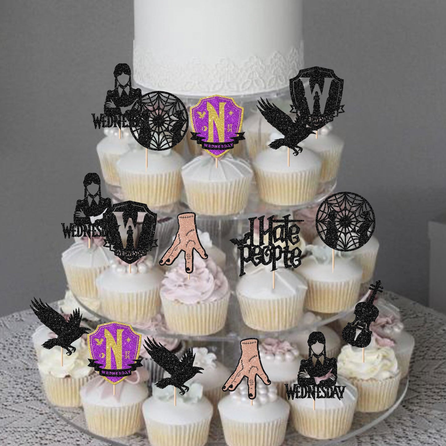 YCTHUNFISH Cupcake Toppers, 24 Pack Glitter Wednesday Addams, Paper, W 6.2 x H 7.8, Black Bat Girl Birthday Party Decorations