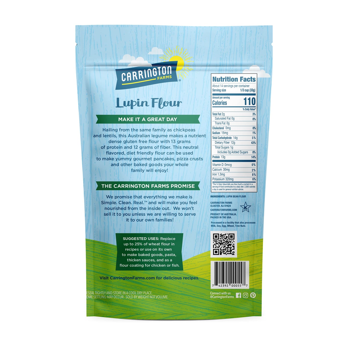 Carrington Farms - Lupin Flour - Keto and Vegan Friendly Ground Flour- Non GMO, Gluten Free Lupin Flour - Low Carb, High Protein