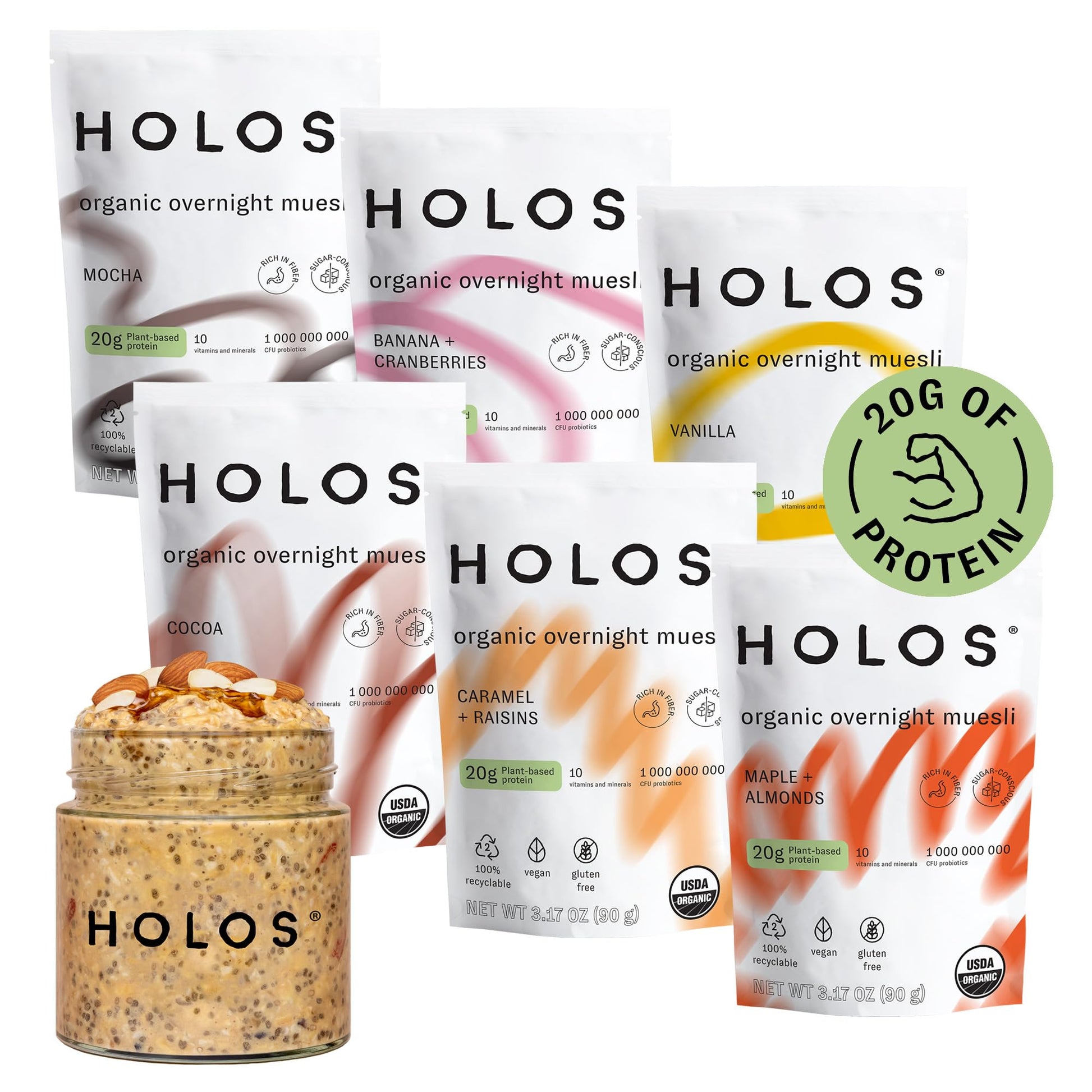 HOLOS Organic Overnight Muesli - 12 Pack Variety Flavors with Jar - Gluten Free Muesli Cereal with Overnight Oats  High Fiber  20g Plant Proteins  Probiotics  Vitamins  Minerals