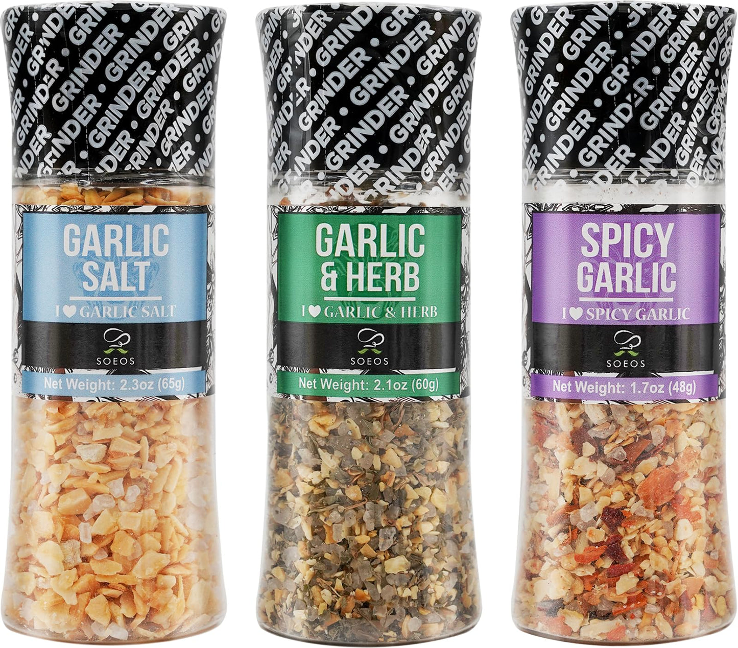 Soeos Spice Seasoning Set of 3 with Integrated Grinders, Spicy Garlic, Garlic & Herbs, Garlic Salt, Seasoning Gift Set.