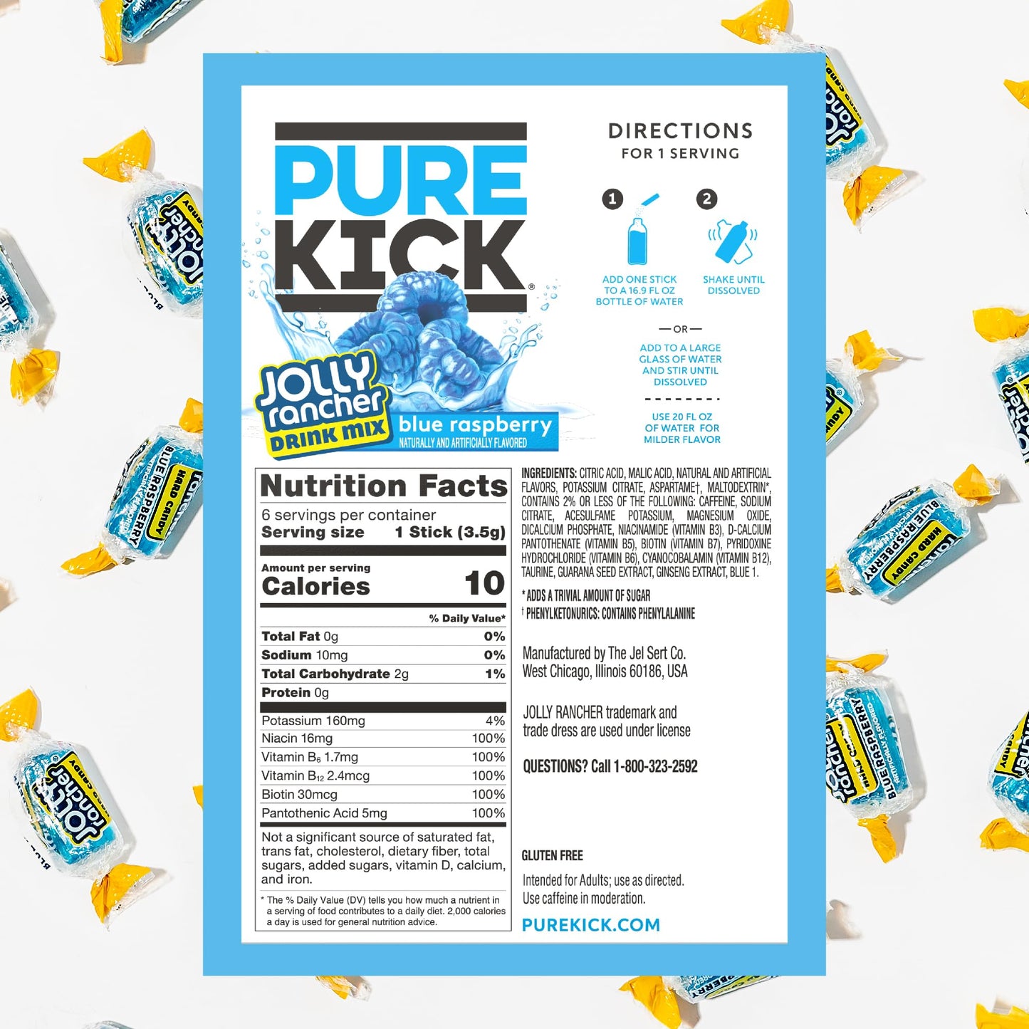 PURE KICK Energy Singles To Go Drink Mix, Jolly Rancher Blue Raspberry, 72 Packets, Convenient 0.13 Ounce Size