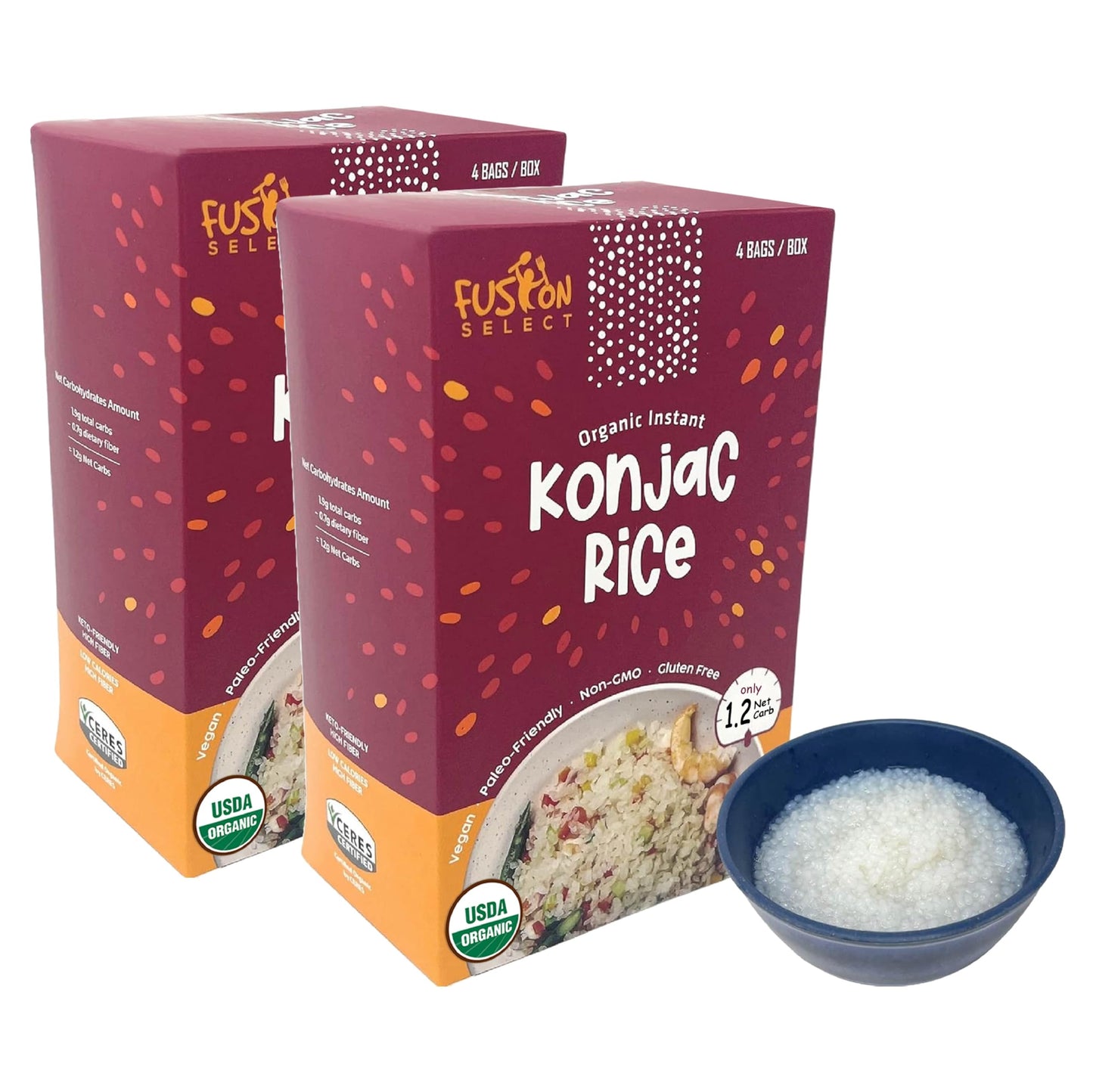 Fusion Select 8 Packs Organic Konjac Noodles - Shirataki Rice Plant-Based Substitute - Vegan Konjac Rice For Vegetarian, Keto, Paleo Recipes - Zero Gluten, Low Carb, Low Calorie Shirataki Konjac Rice