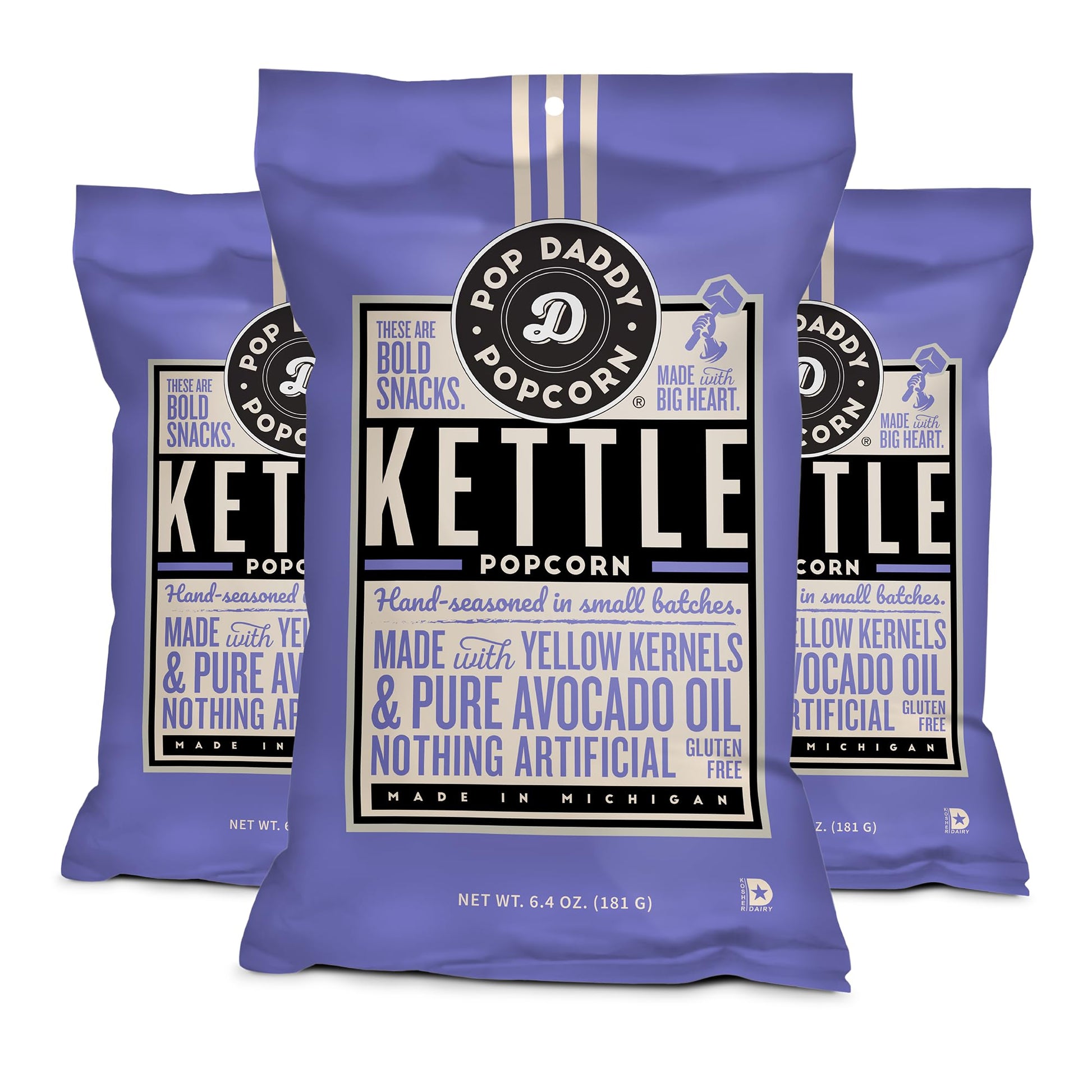 POP DADDY Gourmet Kettle Flavored Popcorn, Gluten Free, 6.4oz (Pack of 3)