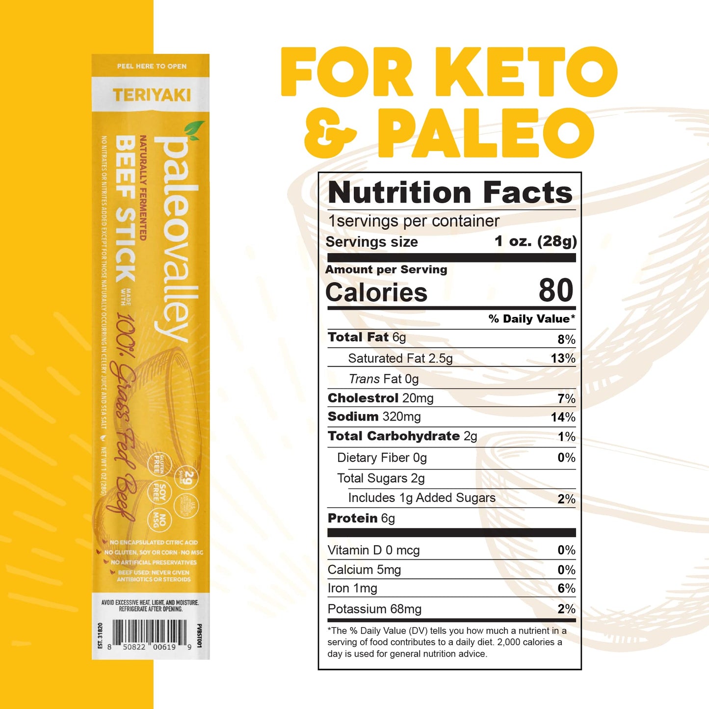 Paleovalley Teriyaki Beef Sticks - Gluten Free, High Protein Snack - 10 Count