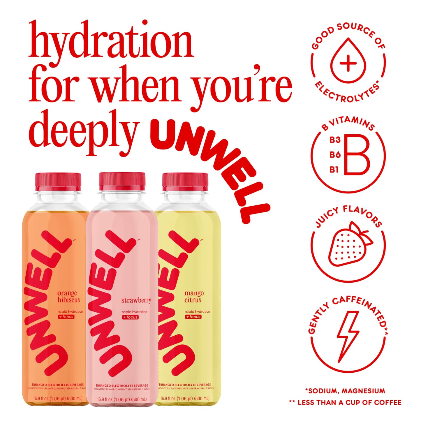 Unwell Hydration Electrolyte Drink For Rapid Hydration + Focus - Mango Citrus, 12 Pack