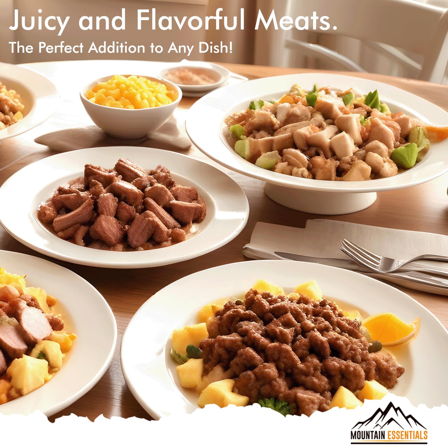 Mountain Essentials 120 Servings Freeze Dried Enhanced Variety Fully Cooked Meat Kit | High Protein Intake Contains 2988 Protein Ready To Eat Emergency Survival Easy Prep Food For Camping & Backpacking