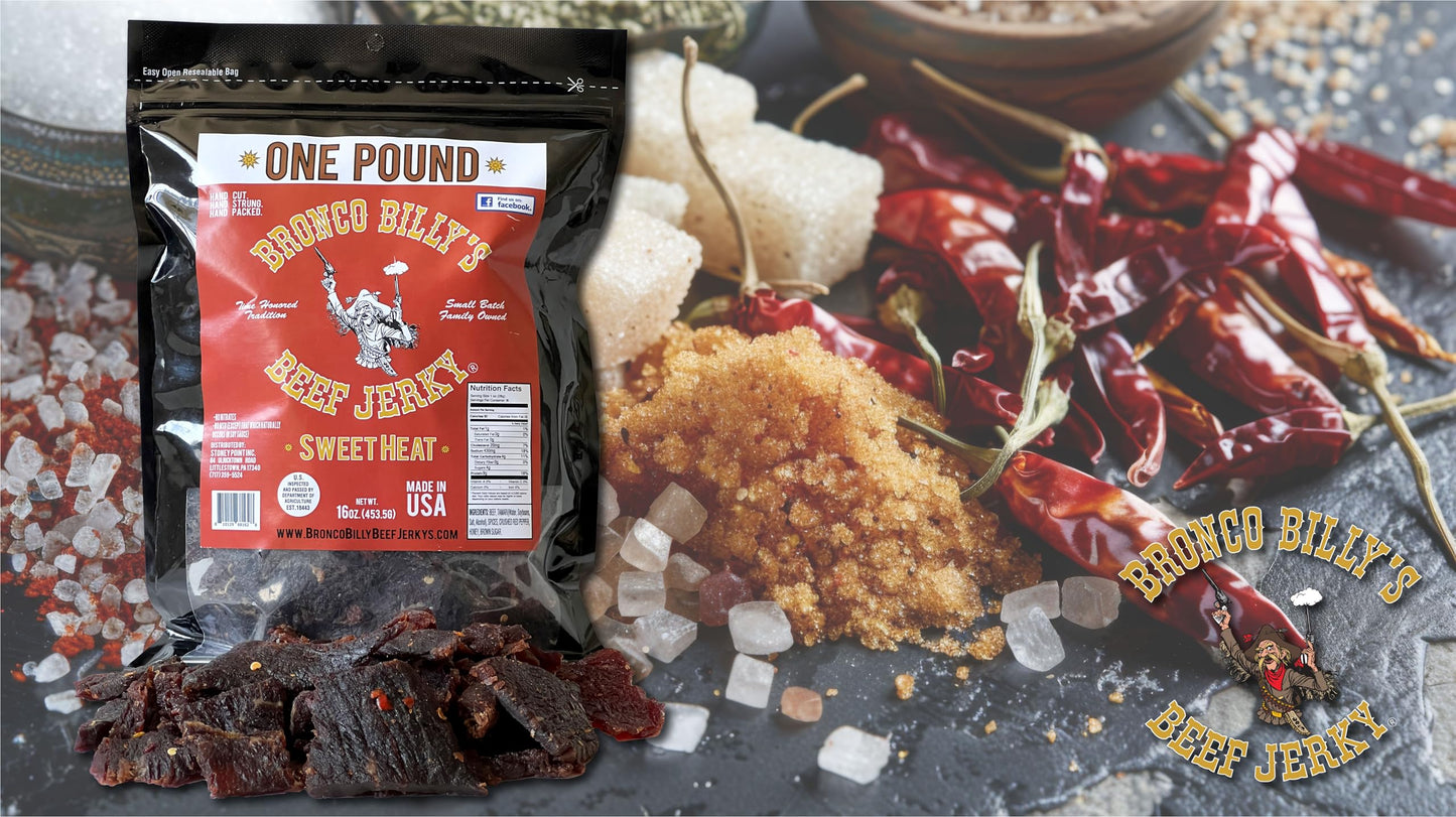 Bronco Billy'S Beef Jerky Sweet Heat, One Pound Resealable Bag, Spicy & Sweet Flavor, Hand Cut, Hand Strung, Hand Packed, Made I