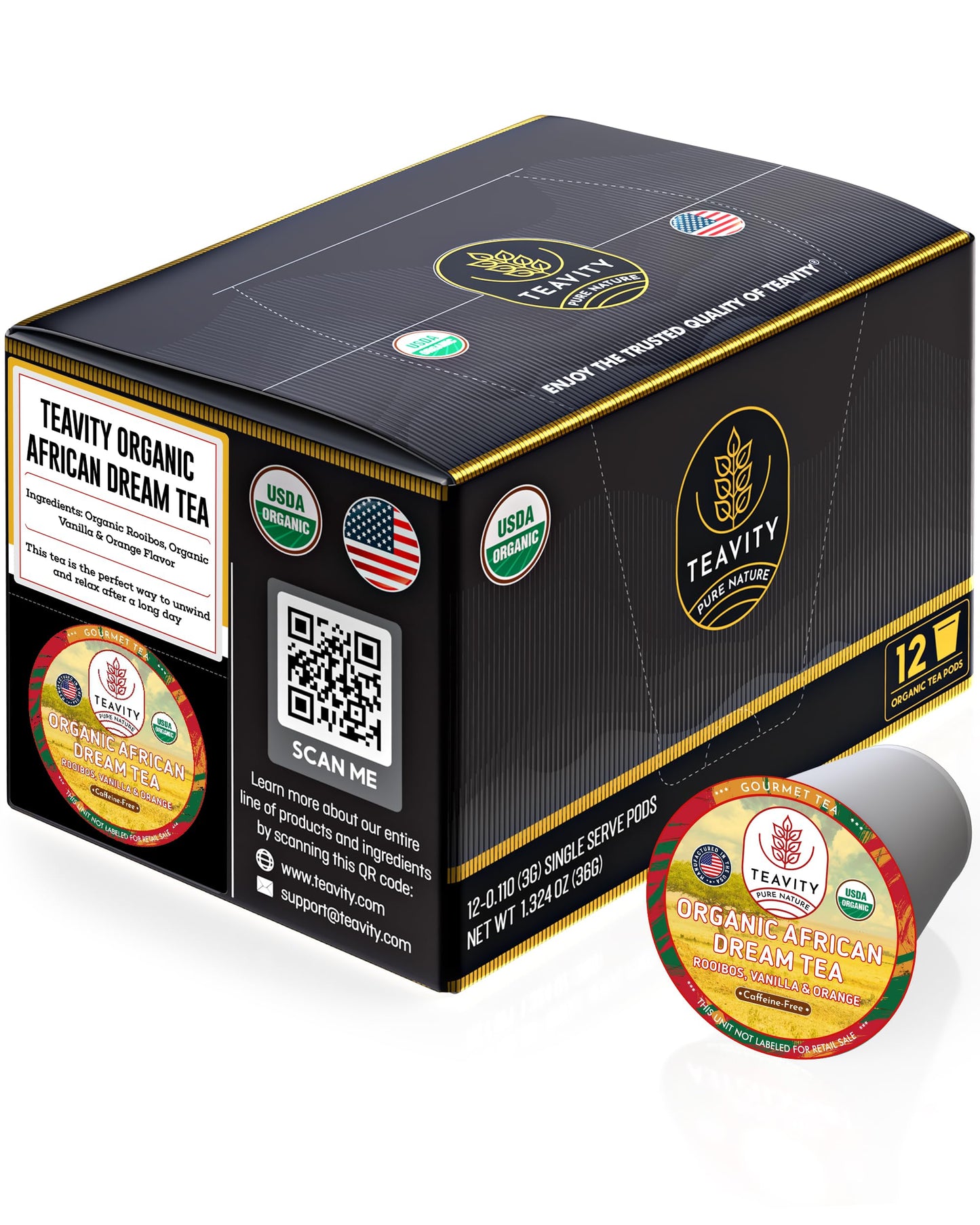 Organic Rooibos Tea Pods With Vanilla & Orange - Naturally Decaf Tea - African Dream By Teavity (12 Tea Pods)