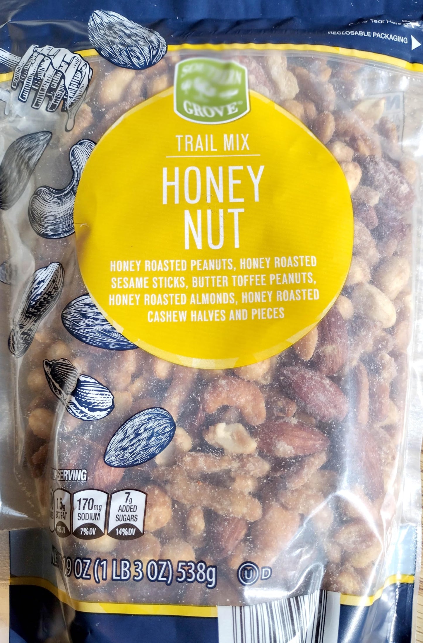 Honey Nut Trail Mix: Peanuts, Roasted Sesame Sticks, Butter Toffee Peanuts, Honey Roasted Cashews & Almonds, Snack Snacking Sports Bowl Food, 19Oz Southern Grove Jumbo Bag