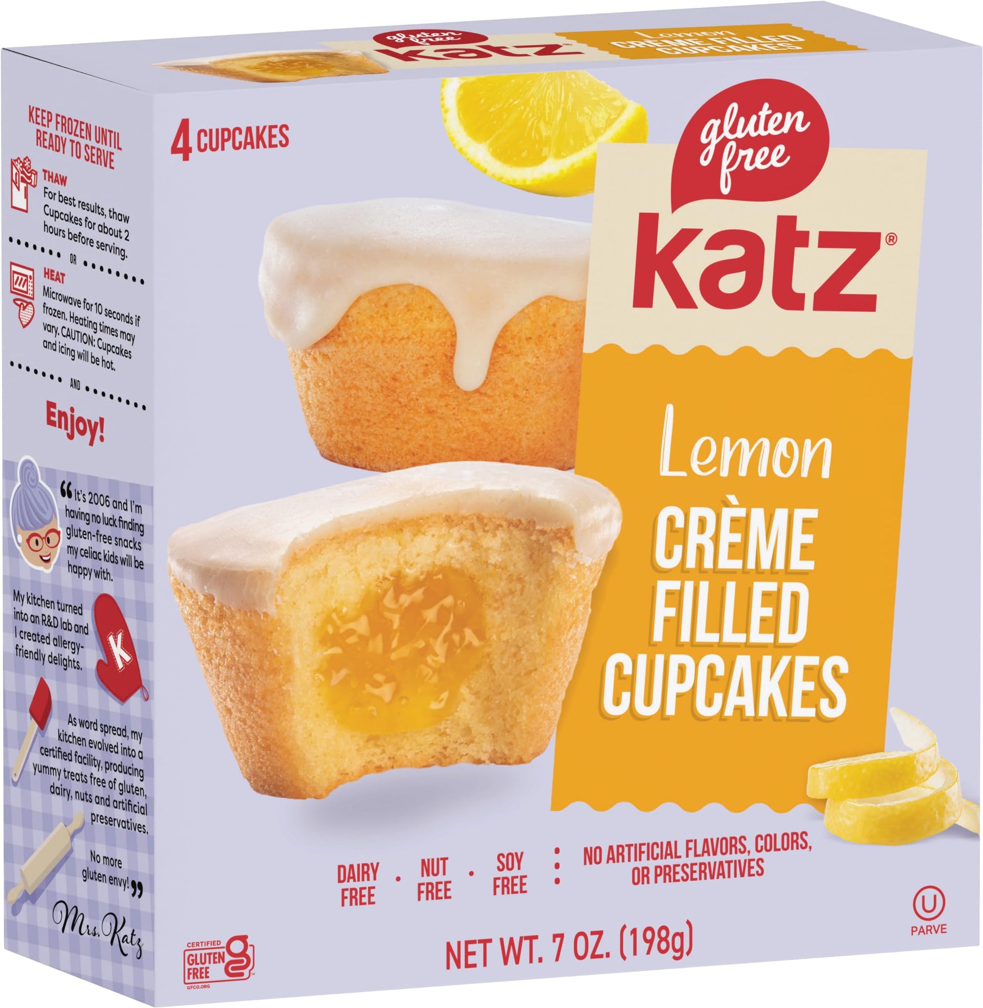 Katz Gluten Free Lemon Crme Filled Cupcakes | Dairy Free, Nut Free, Soy Free, Gluten Free | Kosher (1 Pack of 4 Crme Cupcakes, 7