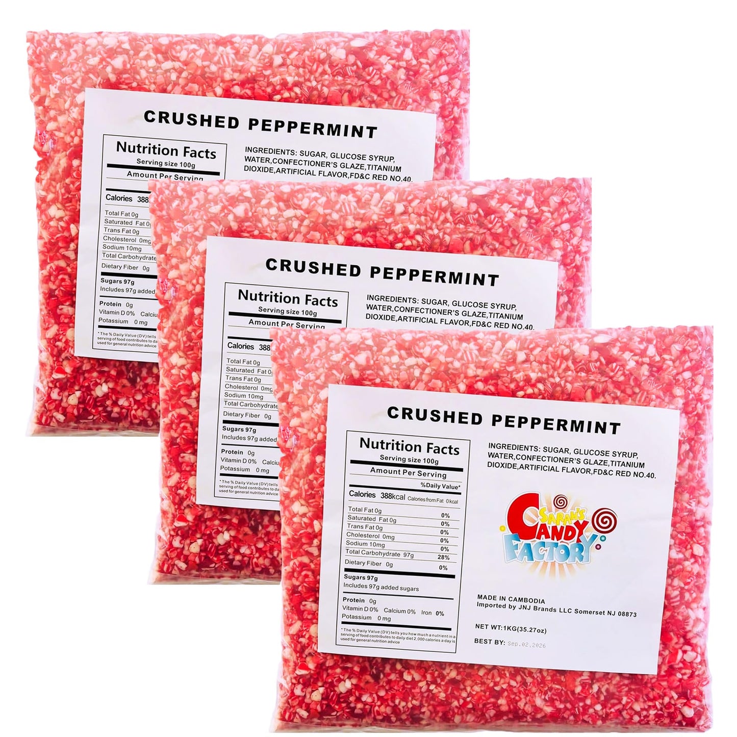 Sarah'S Candy Factory 2.2 Lbs 3 Pack (Total 6.6 Lbs) Candy Cane Crushed Peppermint Candy Pieces Bits In Bag, Kosher And Vegan
