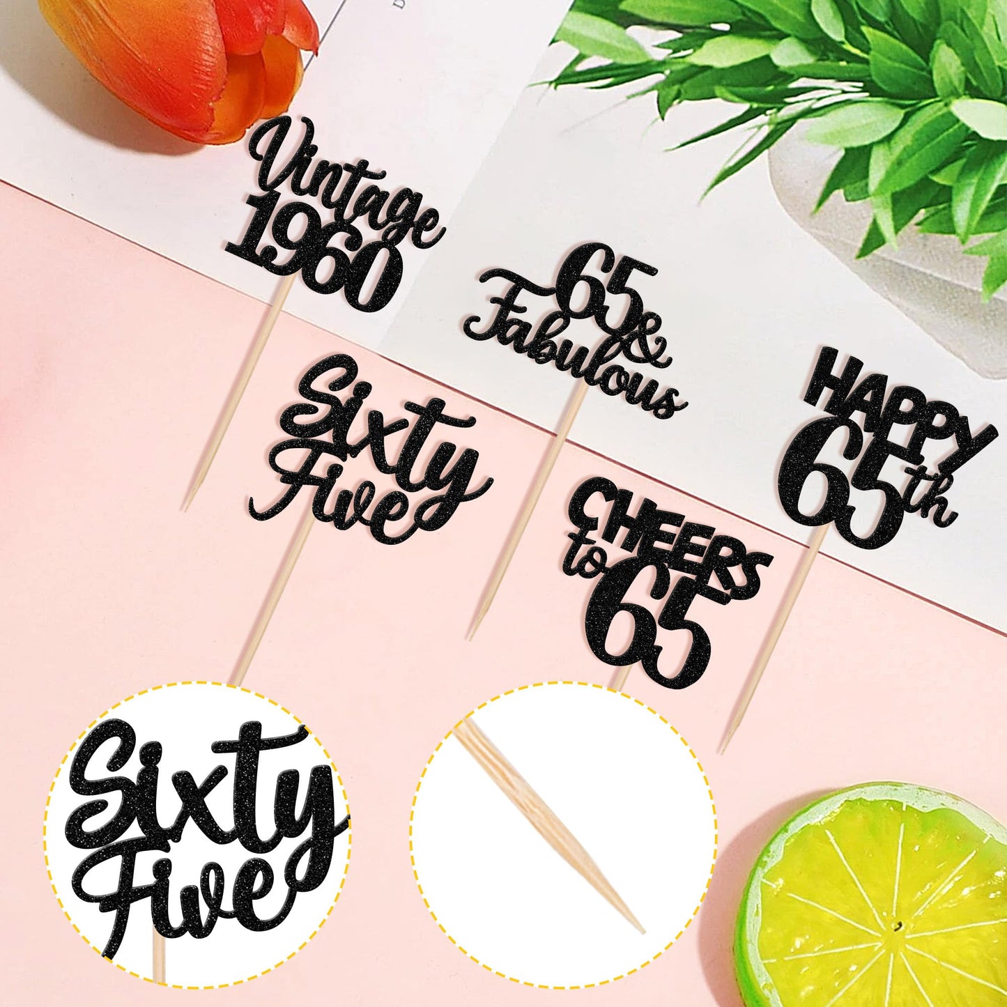 30Pcs Happy 65Th Birthday Cupcake Toppers Glitter Sixty Five Vintage 1958 Cupcake Picks 65 Fabulous Cheers To 65 Years Cake Deco