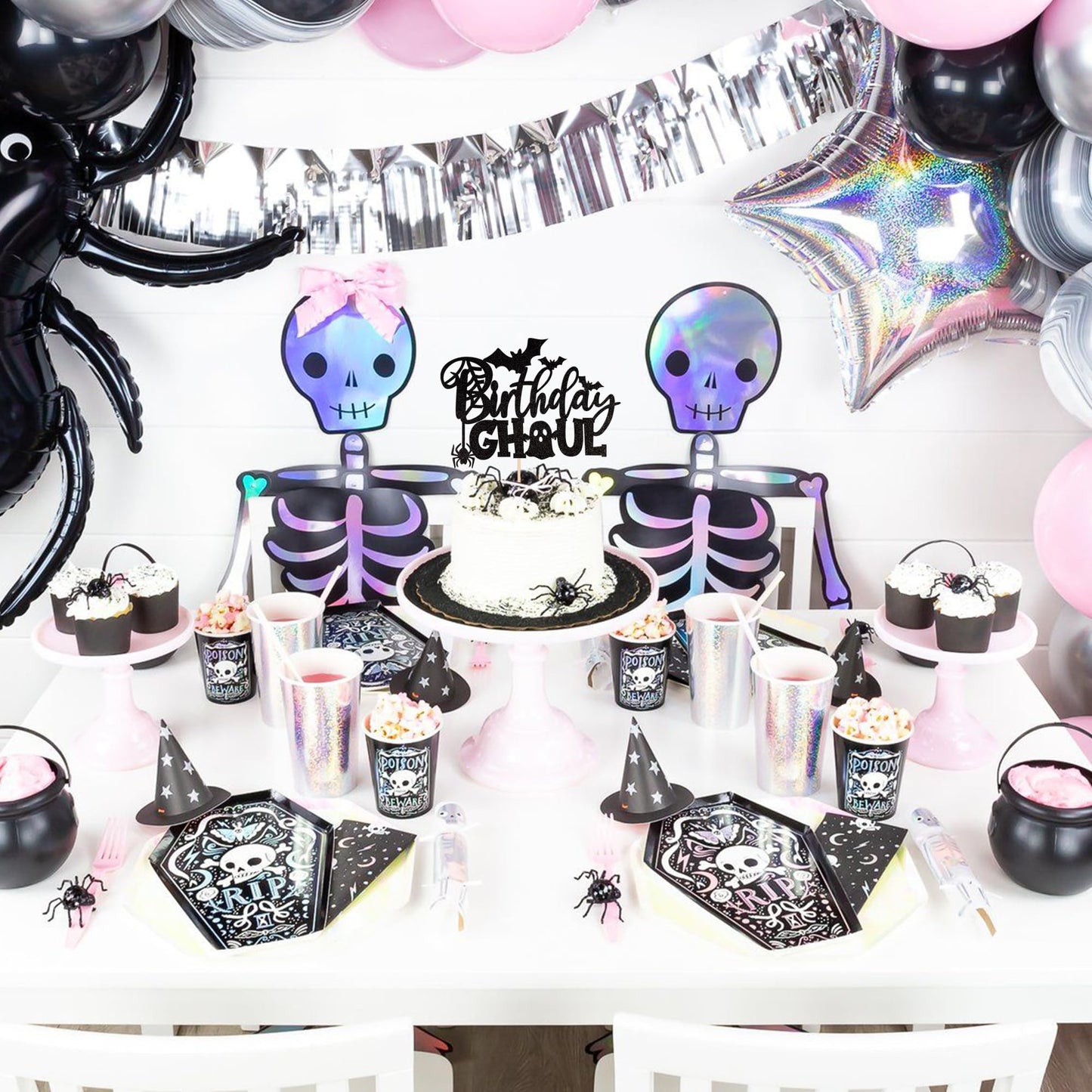 ZHUOWEISM Birthday Ghoul Cake Topper, Glitter Spooky Spider Bat, Halloween Cake Decoration, Design B4, Paper