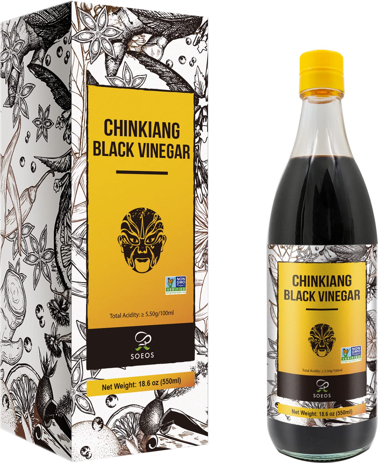 Soeos Chinkiang Vinegar, 18.6 Fl Oz (550Ml), Chinese Black , Traditional , Organic , Zhenjiang Xiangcu, Black Rice Vinegar | Condiment For Cooking Noodles, Braised Meat, Cold Appetizers