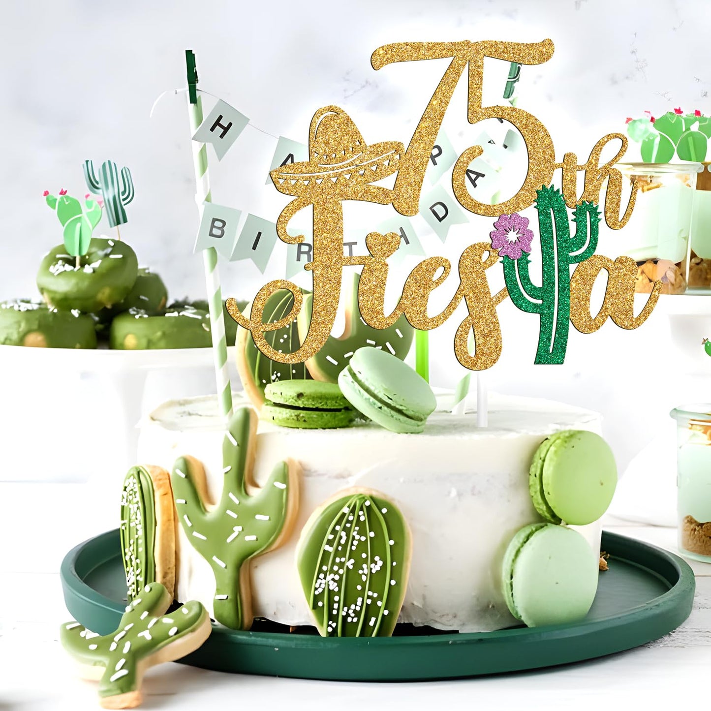 Tivurcia Fiesta 75th Cake Topper, Gold Tropical Hawaiian Theme Decoration Supplies