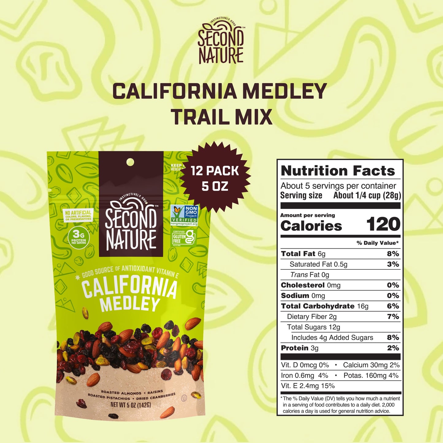 Second Nature California Medley Trail Mix - 5 Oz Resealable Snack Pouches (Pack Of 12) - Certified Gluten-Free Snack, Nut Trail