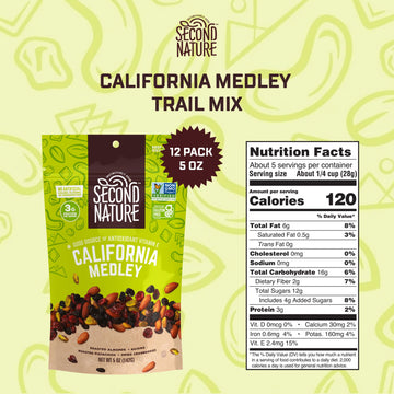 Second Nature California Medley Trail Mix - 5 Oz Resealable Snack Pouches (Pack Of 12) - Certified Gluten-Free Snack, Nut Trail