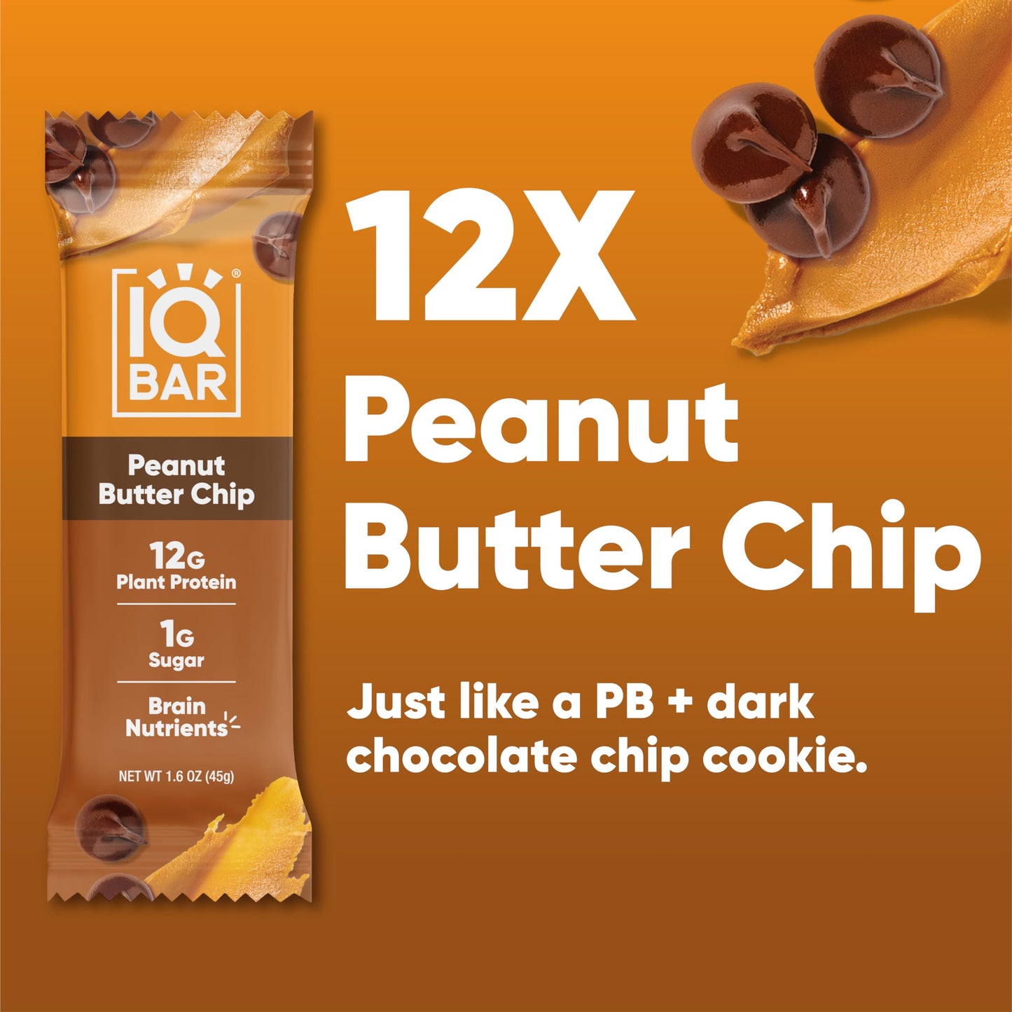 IQBAR Brain and Body Plant Protein Bars - Peanut Butter Chip - 12 Count, Low Carb, High Fiber, Gluten Free, Vegan Snacks - Low S