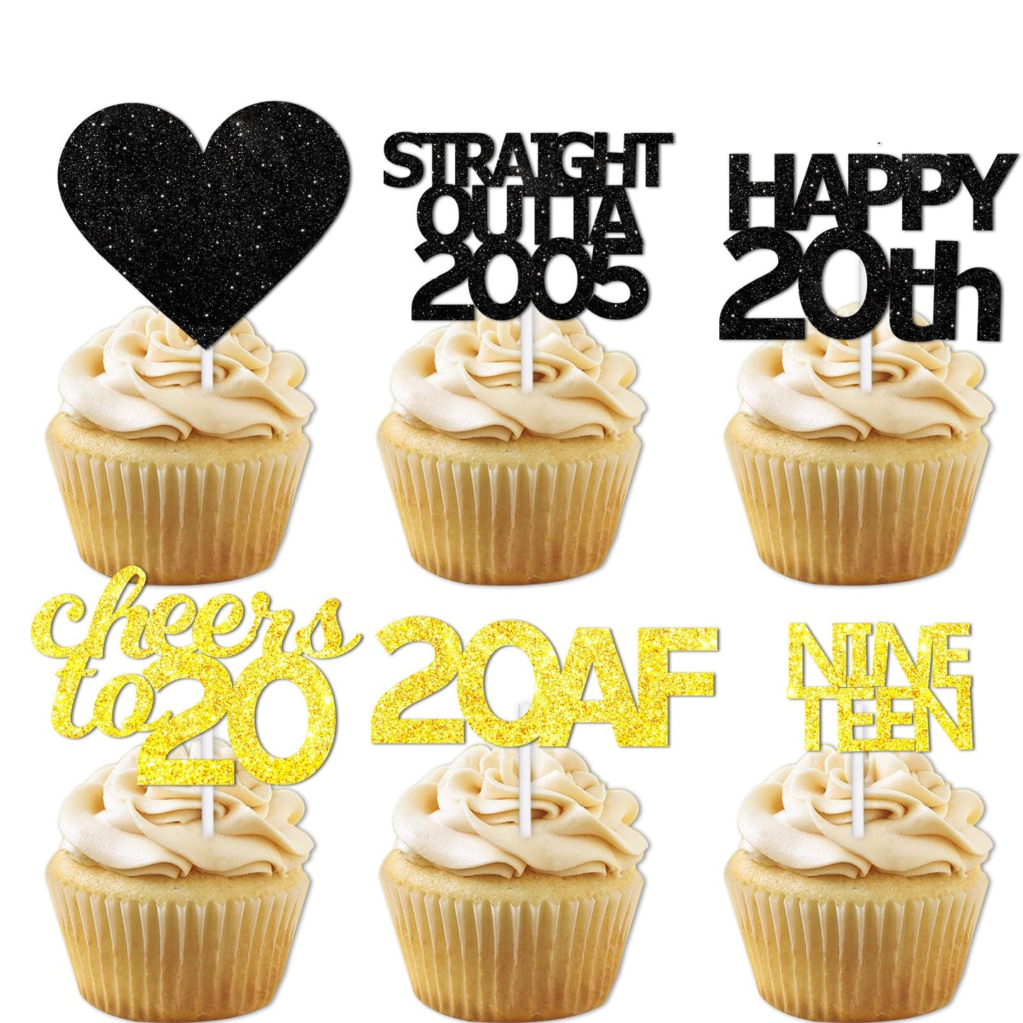 18pcs Black Gold Glitter Dessert Cupcake Pick for Straight Outta 2005 Cheer to 20 Years Old Theme Decor Supplies Happy 20th Birt
